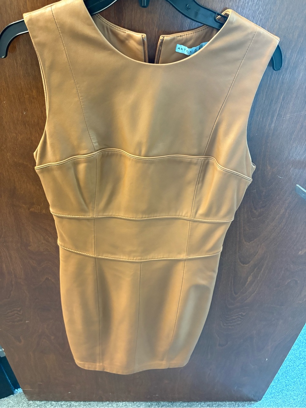Leather Sleeveless Sheath Dress in Camel